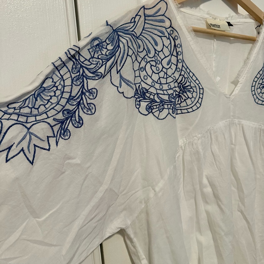 White Blouse/ beach coverup with Blue Embroidery Plus size 20